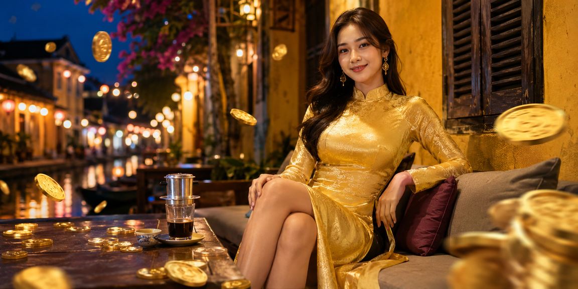 Phụ nữ mặc áo dài tại Hội An thực hiện giao dịch thể thao trực tuyến